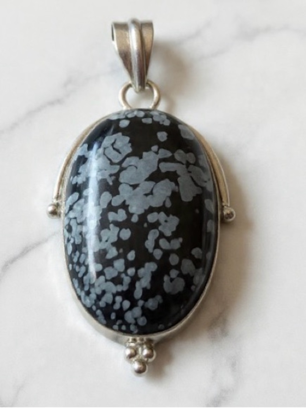 Vintage Snowflake Obsidian Oval Sterling Silver Pendant